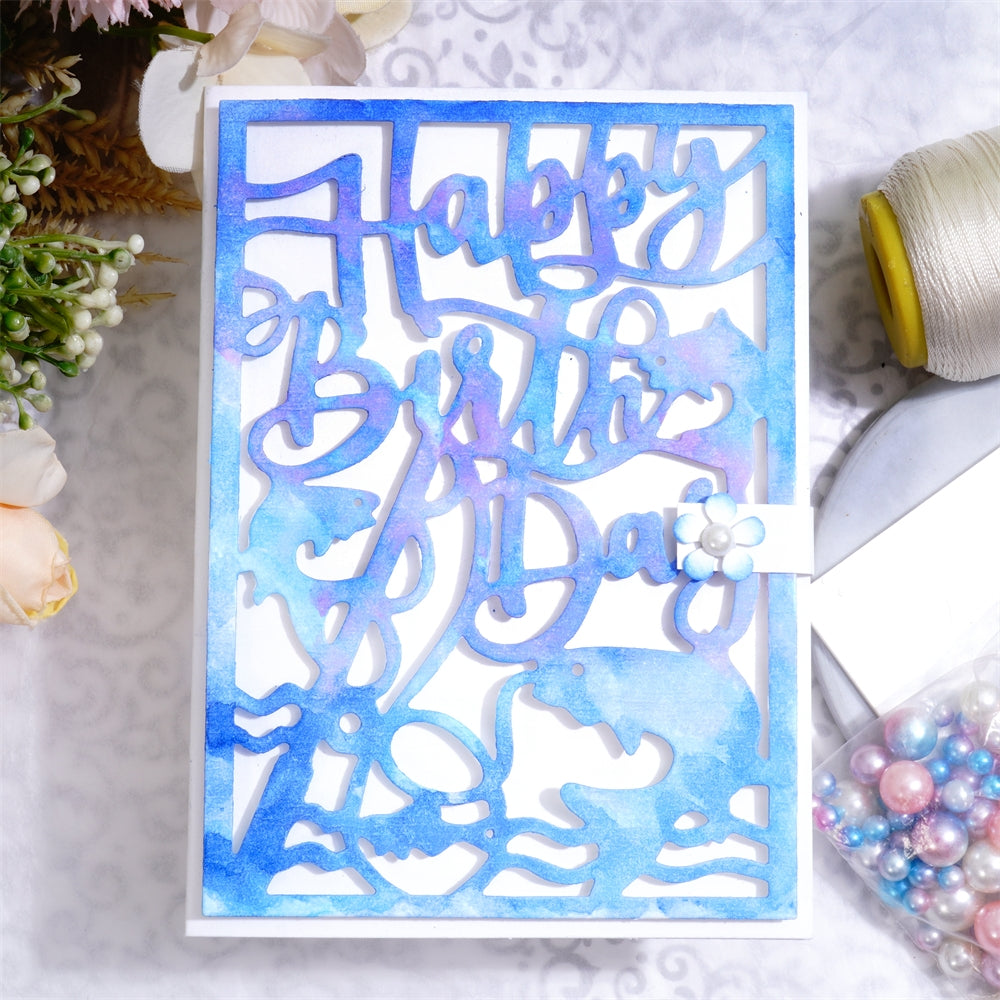 Kokorosa Metal Cutting Dies with Fish Says Happy Birthday Background Board