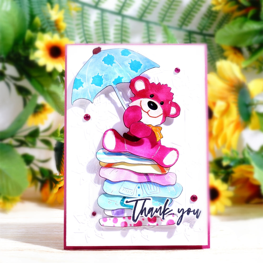 Kokorosa Metal Cutting Dies with Bear Holding an Umbrella Sitting on Sheets