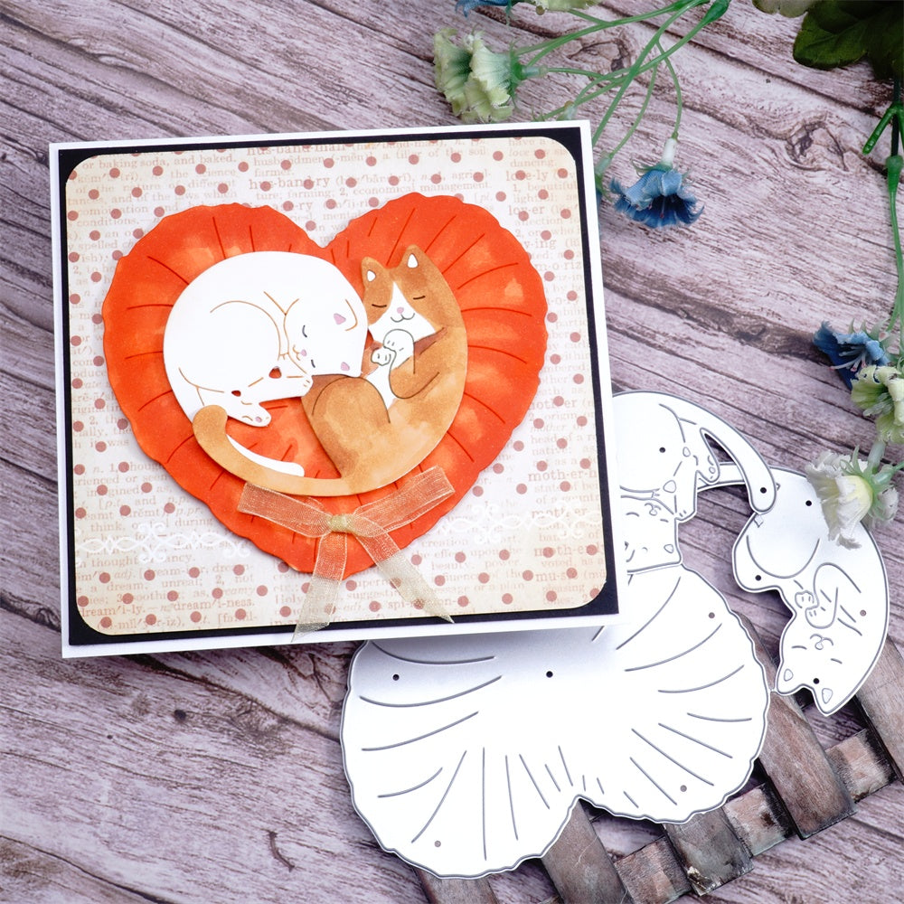 Kokorosa Metal Cutting Dies with Heart Shaped Cushion and 2Pcs Sleeping Cats