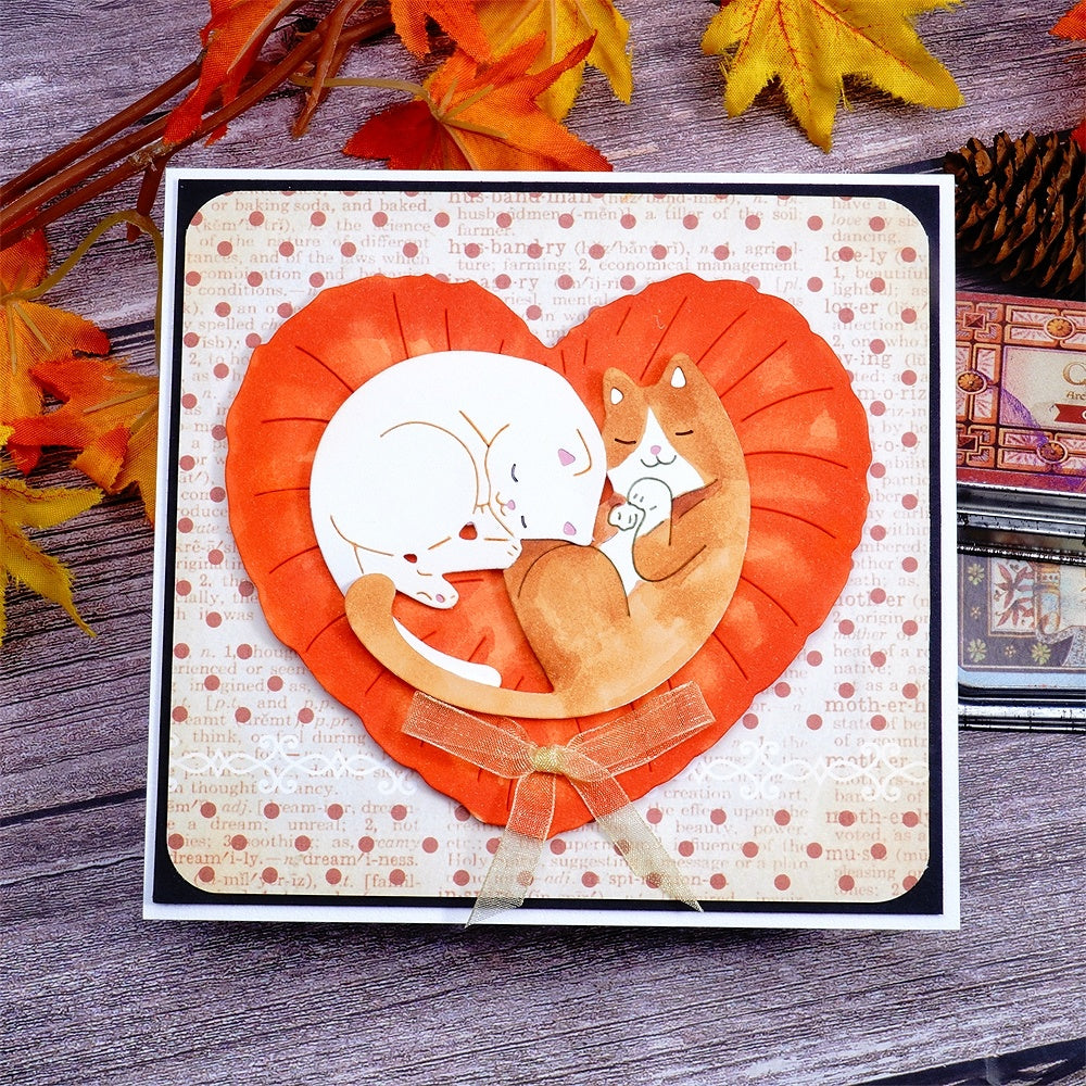 Kokorosa Metal Cutting Dies with Heart Shaped Cushion and 2Pcs Sleeping Cats