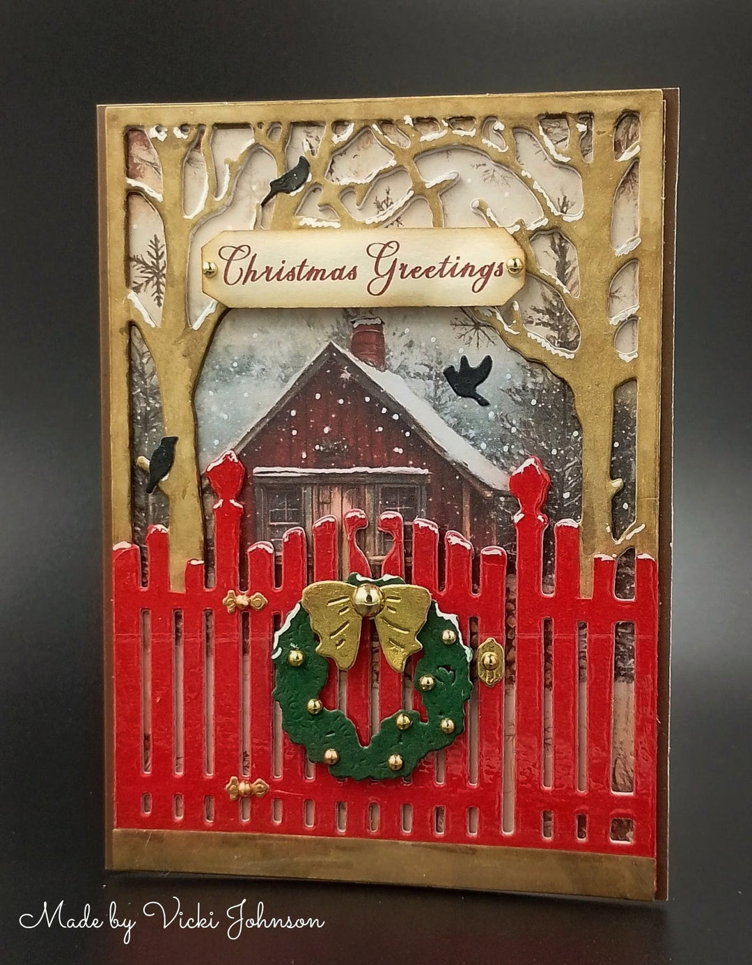 Kokorosa Metal Cutting Dies with Christmas Fence Door and Tree Background Board