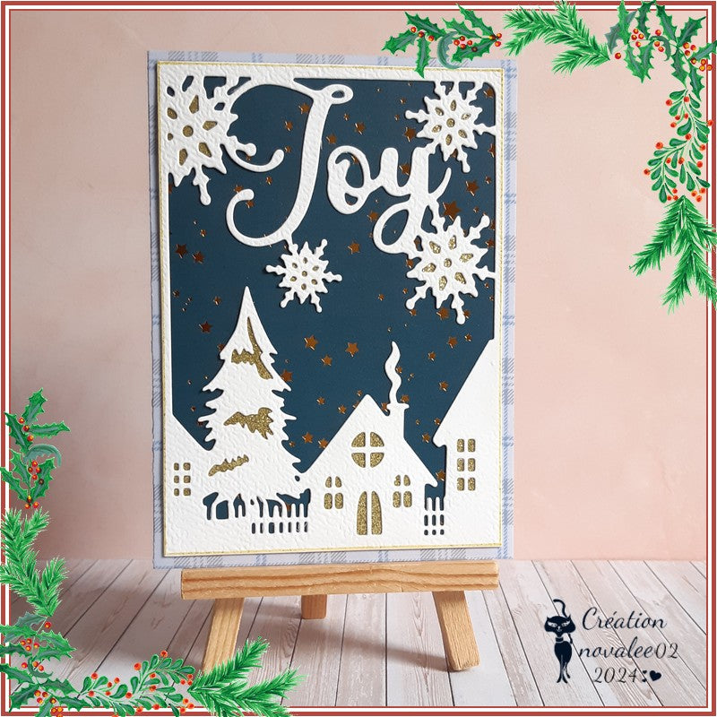 Kokorosa Metal Cutting Dies with 'JOY' Village in the Winter Background Board