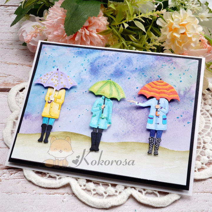 Kokorosa Metal Cutting Dies with 3 People Holding Umbrellas