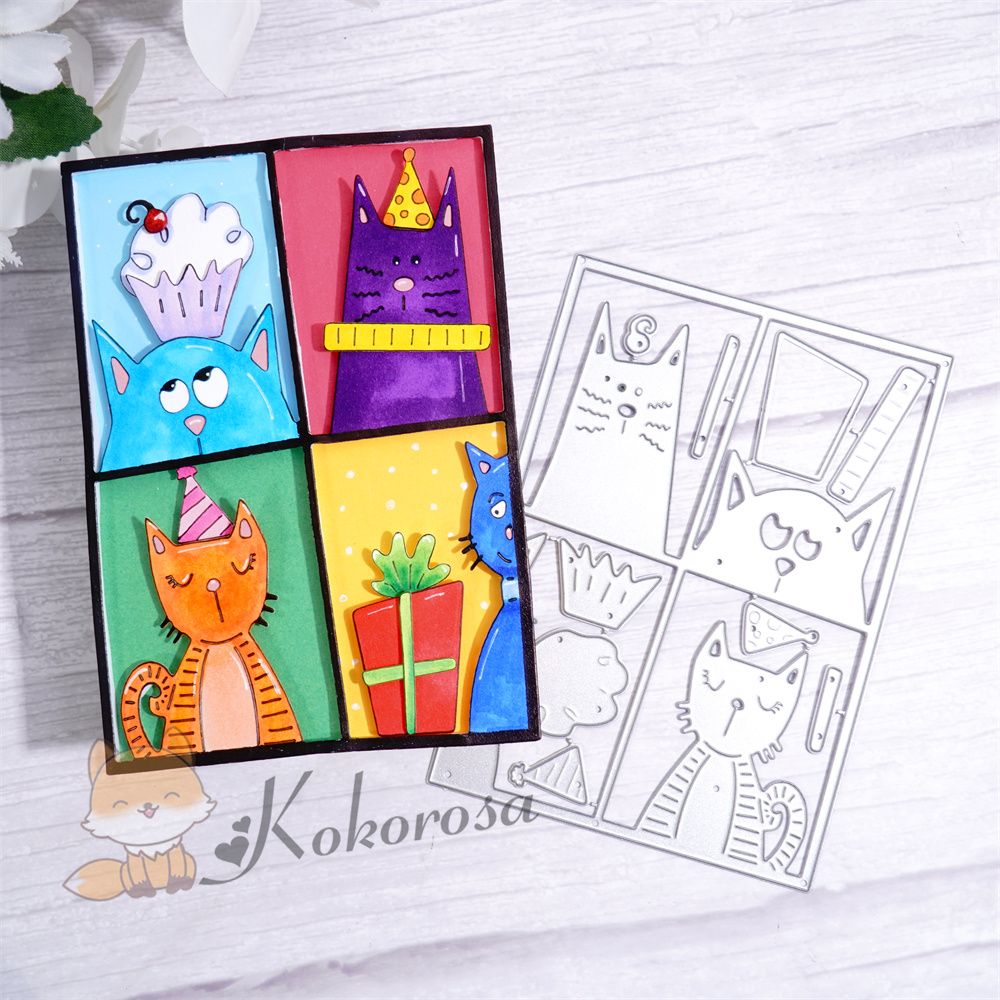 Kokorosa Metal Cutting Dies with 4 Funny Cats Frame Board