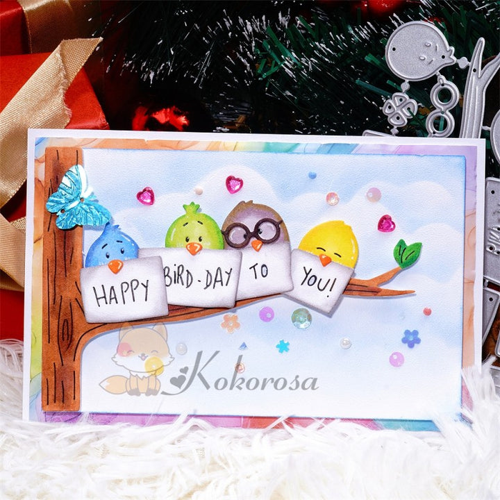 Kokorosa Metal Cutting Dies with Birds on Tree Holding "HAPPY BIRD-DAY TO YOU"