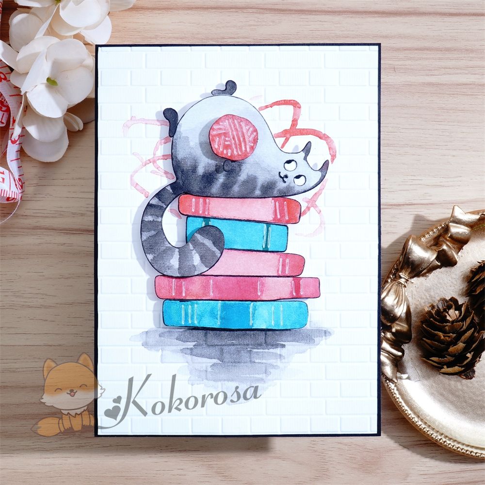 Kokorosa Metal Cutting Dies with Cat Playing Yarn on Books