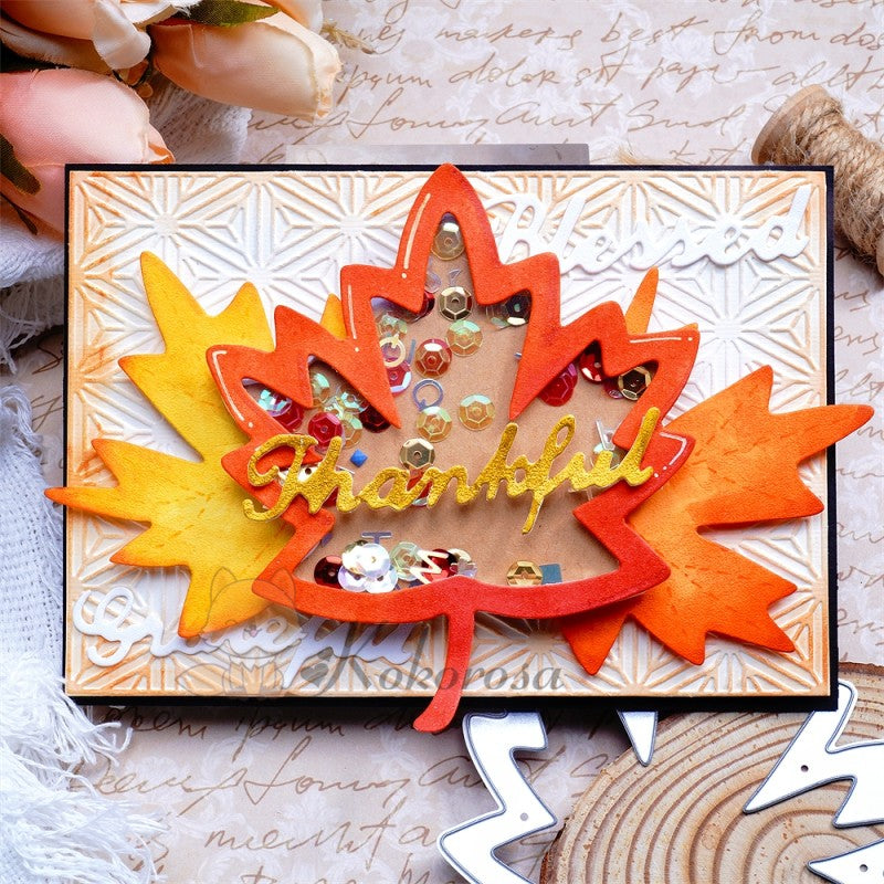 Kokorosa Metal Cutting Dies with Hollow Maple Leaf & "Thankful, Grateful, Blessed" Words