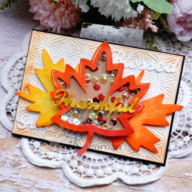 Kokorosa Metal Cutting Dies with Hollow Maple Leaf & "Thankful, Grateful, Blessed" Words