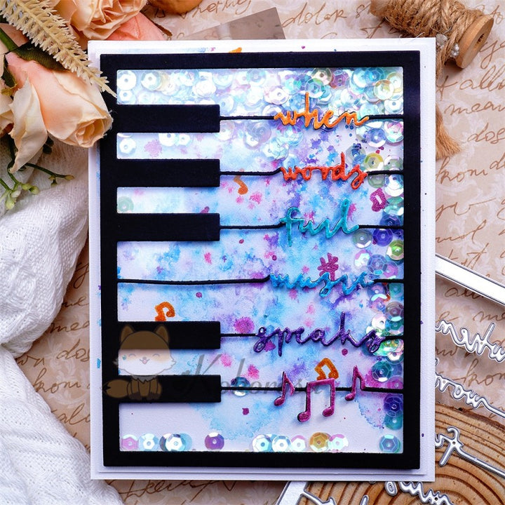 Kokorosa Metal Cutting Dies with Piano Background Board & "when words fail music speaks" Word