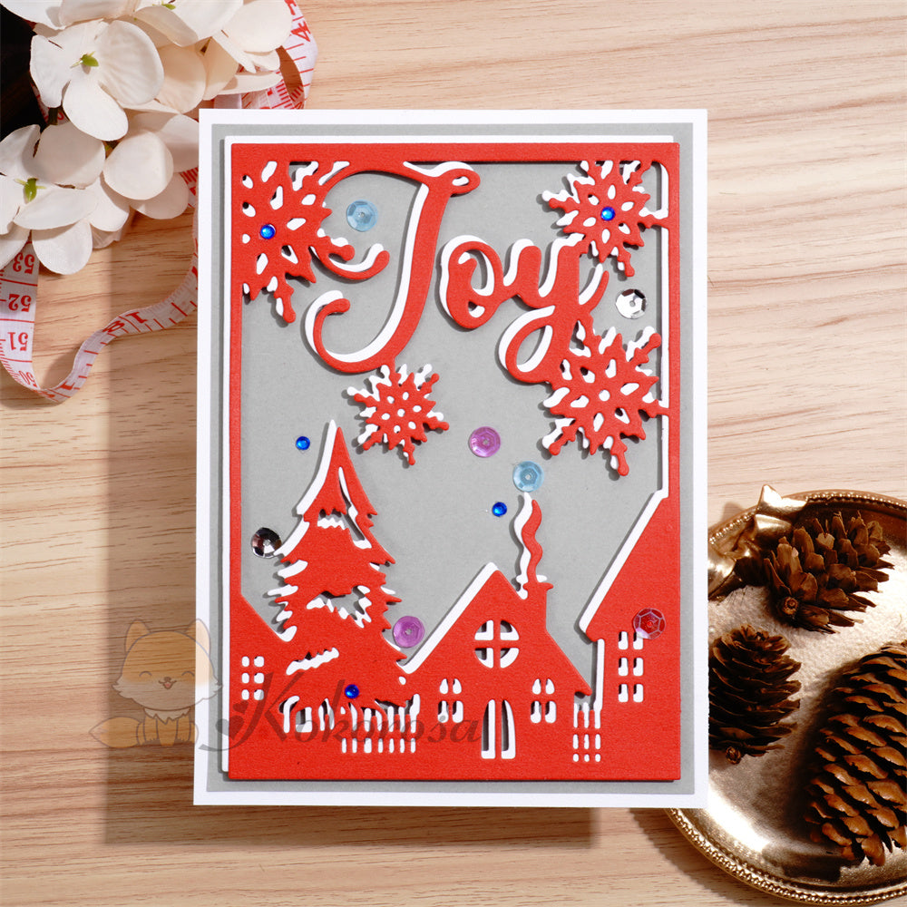 Kokorosa Metal Cutting Dies with 'JOY' Village in the Winter Background Board