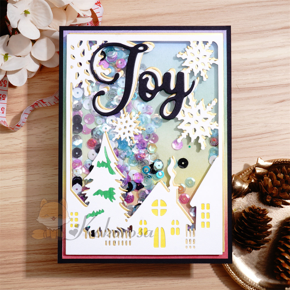 Kokorosa Metal Cutting Dies with 'JOY' Village in the Winter Background Board