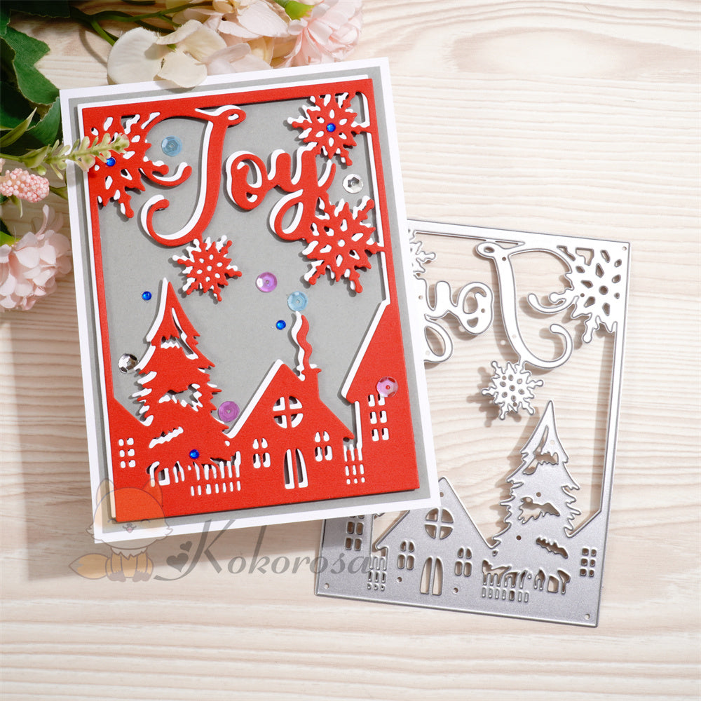 Kokorosa Metal Cutting Dies with 'JOY' Village in the Winter Background Board