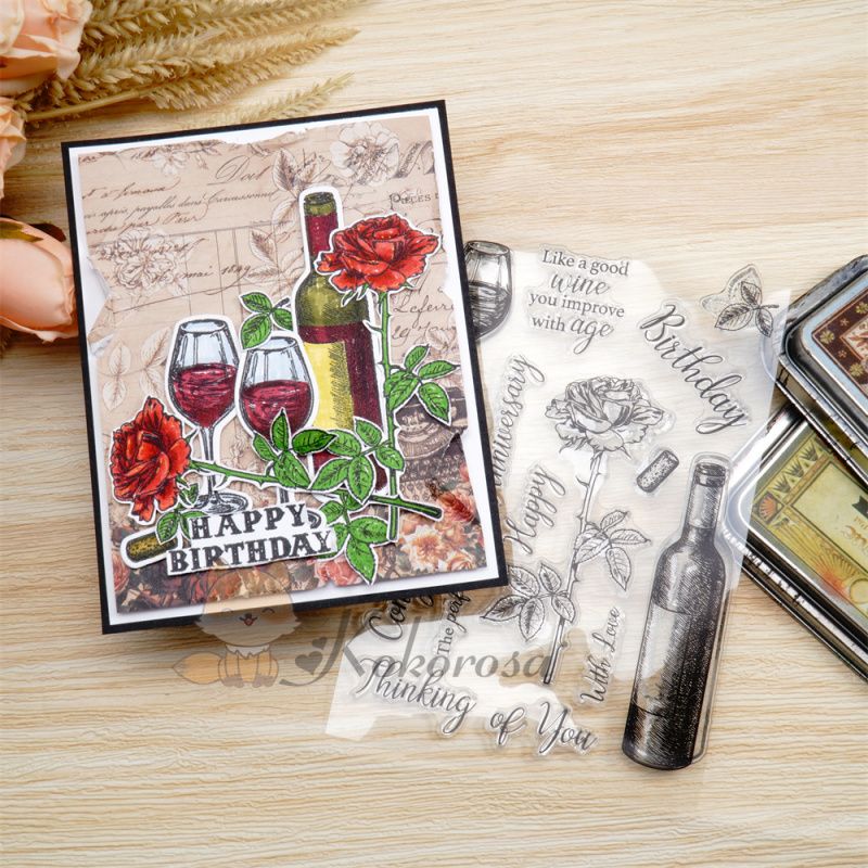Kokorosa Wine Glass And Bottle Dies with Stamps Set