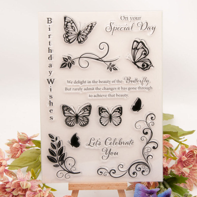 Kokorosa Butterfly with Birthday Word Clear Stamps