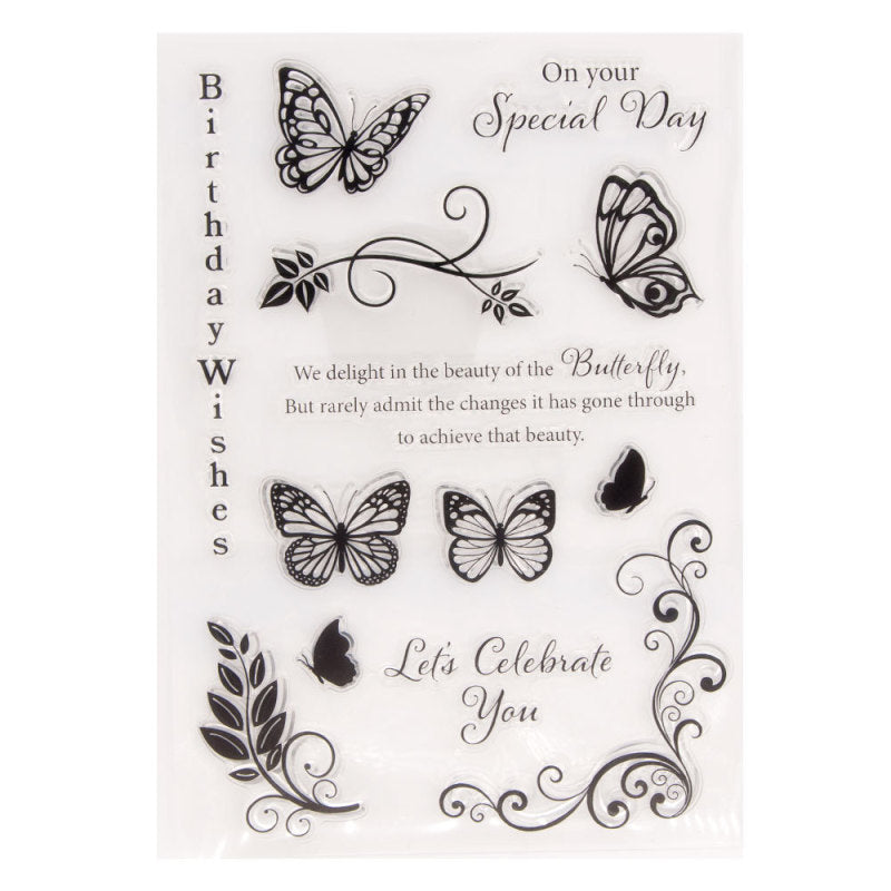 Kokorosa Butterfly with Birthday Word Clear Stamps