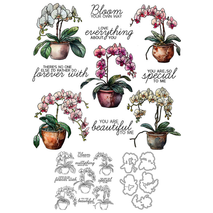 Kokorosa Orchid Potted Plants Die with Stamps Set