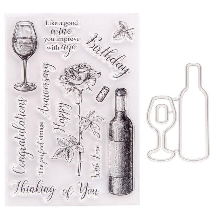 Kokorosa Wine Glass And Bottle Dies with Stamps Set